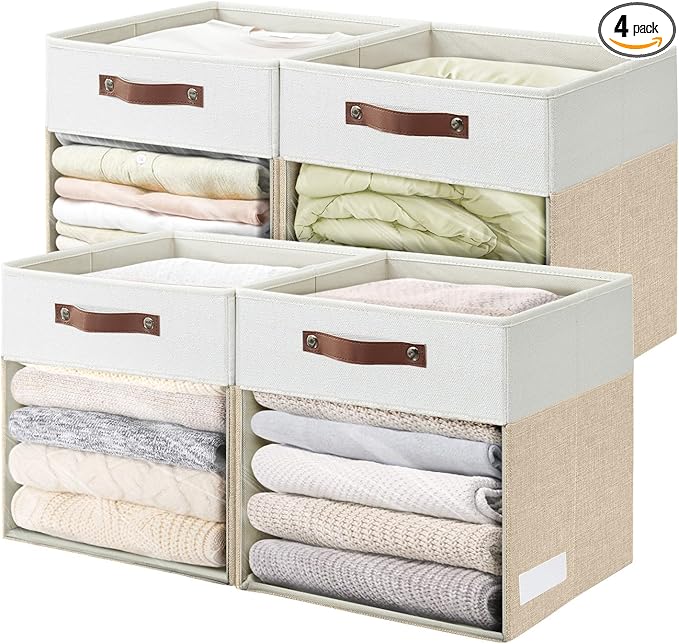 Bagnizer Storage Cubes, 4 Pack Linen Foldable Storage Bins (13 x 13 inch) with Clear Window and Handles, Fabric Organizer for