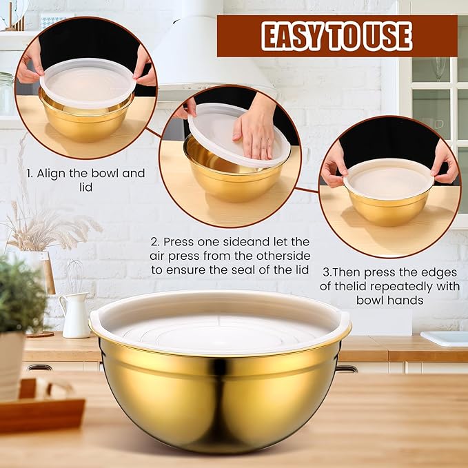 Teenyyou Gold Mixing Bowls with Airtight Lids Stainless Steel Mixing Bowl Set of 5, 4 Metal Nesting Organizers 4 in 1 Colander Non-slip Bottom Size 1.5, 2.0, 2.5, 4.0 Qt for Baking Serving Food