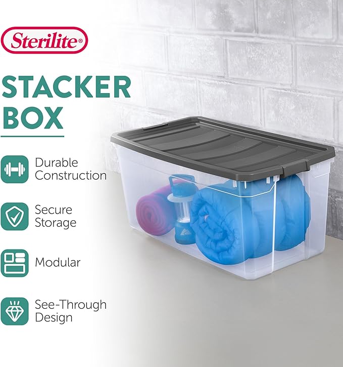 Sterilite 12-Pack Modular Stacker Box, Durable Clear Plastic Storage Bins with Latching Lids, 200 Quart - Stackable Organizin