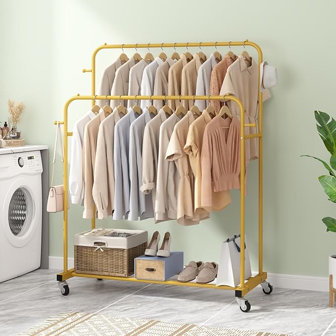 Laiensia Double Rods Garment Rack with Wheels, Clothing Rack for Hanging Clothes,4 Hooks, Multi-functional Bedroom Clothes Ra