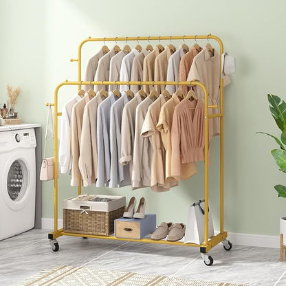 Laiensia Double Rods Garment Rack with Wheels, Clothing Rack for Hanging Clothes,4 Hooks, Multi-functional Bedroom Clothes Ra