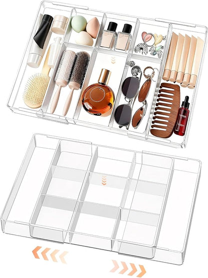 Acrylic Expandable Desk Drawer Organizer with 11 Adjustable Compartments and 6 Removable Dividers Desk Accessories for Office