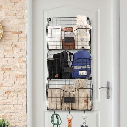 X-cosrack 3-Tier Hanging Wall Files Rack with Door Hooks and 6pcs S Shape Hooks, Over the Door File Organizer &Mounts on Wall