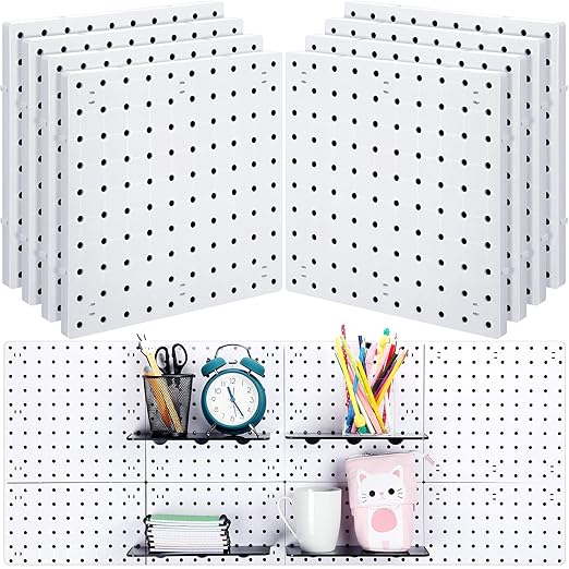 Nuanchu 8 Pack No Drill Pegboard Panels, 10x10 Inch White ABS Plastic Pegboard Wall Mount Organizer Kit for Garage Kitchen Of