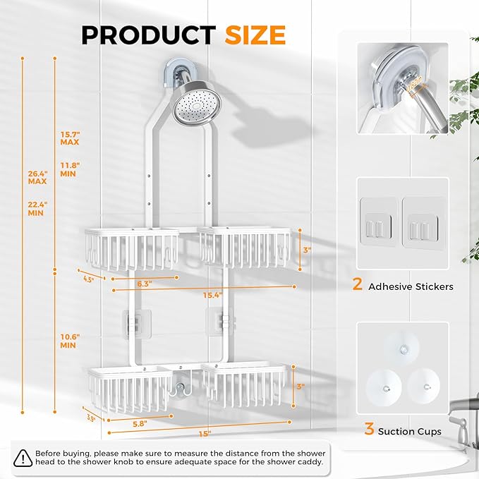 REINHARDT Aluminum Shower Caddy Hanging Adjustable Shower Caddy, Rustproof Hanging Shower Organizer with Hooks Soap Holders, 