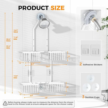 REINHARDT Aluminum Shower Caddy Hanging Adjustable Shower Caddy, Rustproof Hanging Shower Organizer with Hooks Soap Holders, 