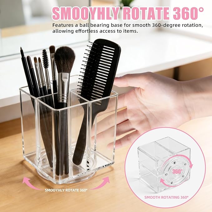 Acrylic Makeup Brush Holder, Clear Rotating Makeup Brush Holder Organizer with 4 Slots, Square Makeup Brush Cup for Vanity De