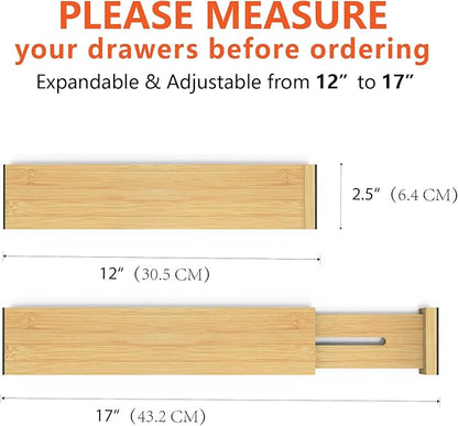 4 Pack Bamboo Drawer Dividers 2.6" High, Adjustable Length from 12 Inch to 17 Inch, Expandable Kitchen Drawer Organizer Separ