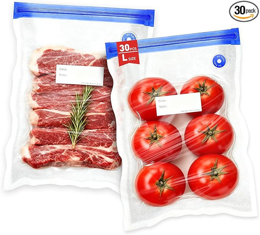 30 Pcs Reusable Vacuum Sealer Bags for Food, L-Size (10 x 13in) BPA-Free Vacuum Storage Bags with Sealing Clips & Leak-Proof 