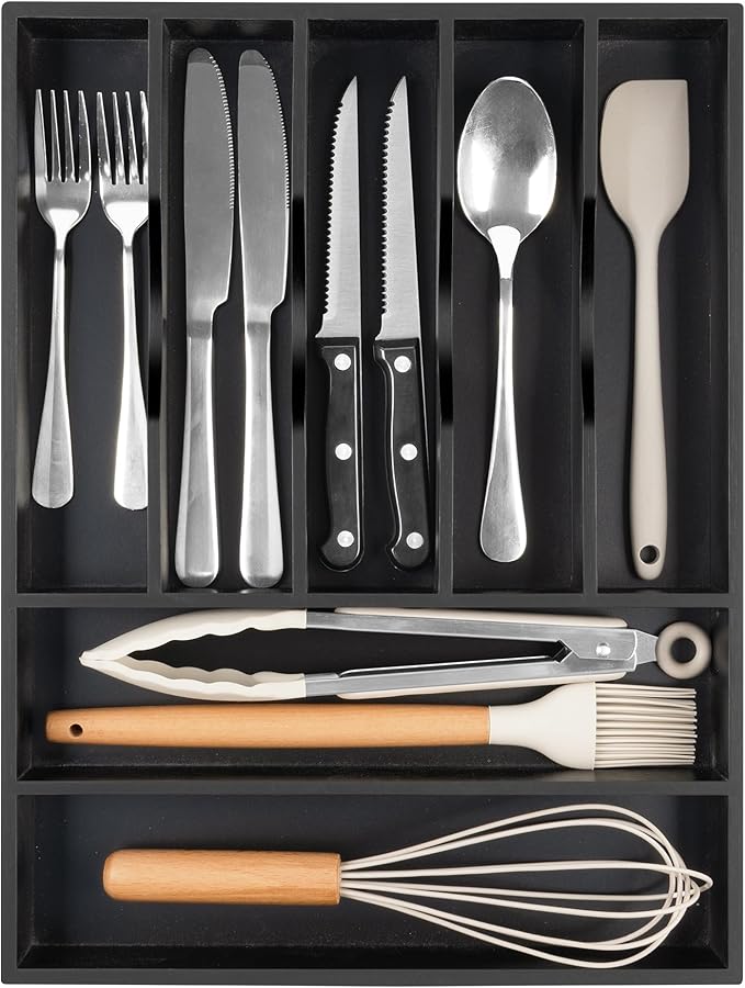 Bellsal Bamboo Silverware Drawer Organizer, Utensil Kitchen Drawer Organizer, Utensil Holder Cutlery Tray with Grooved Drawer