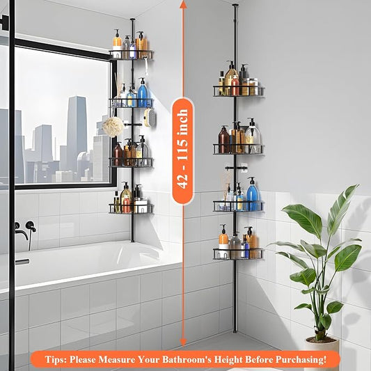 4-Tier Rustproof Corner Shower Caddy with Tension Pole, 42-115 Inch Adjustable Height Shower Organizer, Shower Shelves with H