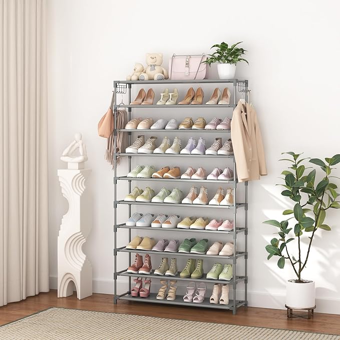 LANTEFUL 10 Tiers Shoe Rack 50 Pairs Large Capacity Tall Shoe Organizer Sturdy Shoe Storage with Two Hooks Space Saving Metal