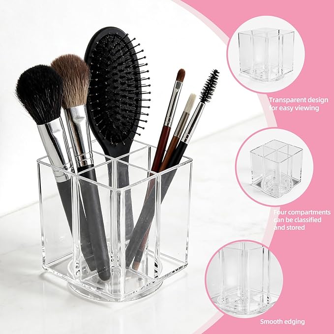 Acrylic Makeup Brush Holder, Clear Rotating Makeup Brush Holder Organizer with 4 Slots, Square Makeup Brush Cup for Vanity De
