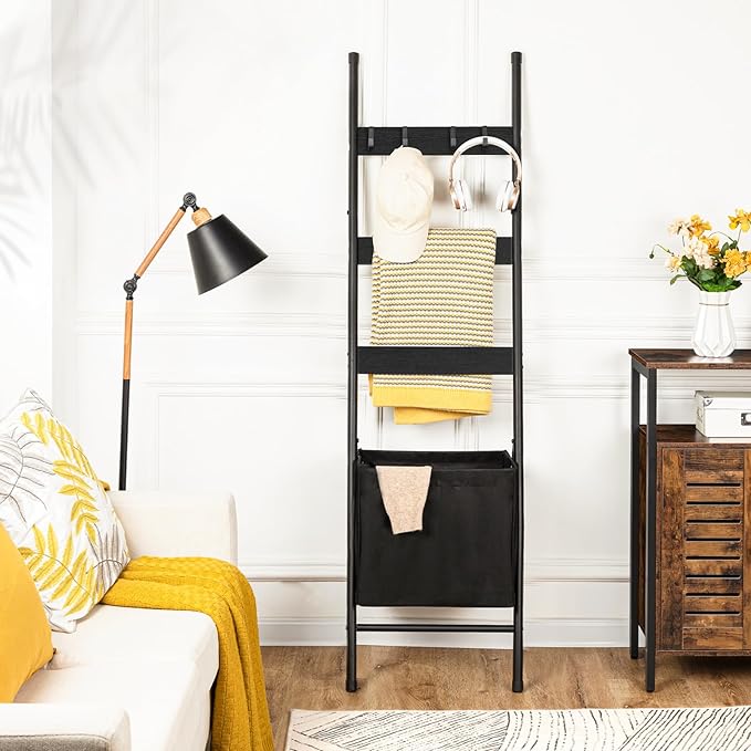 HOOBRO Blanket Ladder with Basket, 17.3”L x 63.4”H, Towel Rack with Hooks, Blanket Holder Rack, Decorative Ladder Shelf, Dryi