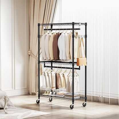 M MZG Heavy Duty Rolling Garment Rack 3 Tiers Adjustable Wire Shelving Clothes Rack with 2 Rods and Side Hooks,Storage Closet