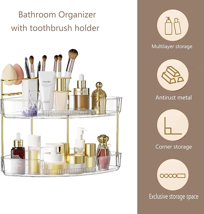 FELIZHOUSE 2-Tier Makeup Organizer for Vanity & Bathroom Countertop – Acrylic Storage Shelf with Perfume Tray & Makeup Brush 