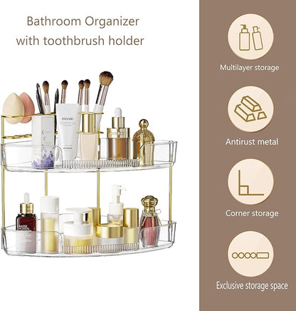 FELIZHOUSE 2-Tier Makeup Organizer for Vanity & Bathroom Countertop – Acrylic Storage Shelf with Perfume Tray & Makeup Brush 