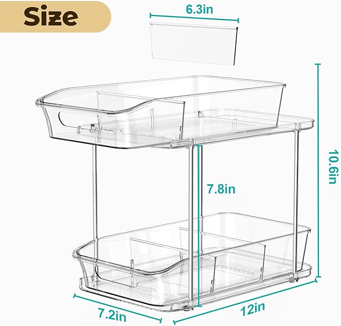 incostar 2 Tier Pull-Out Organizer for Bathroom Kitchen, Under Sink Storage with Dividers, Ideal for Cabinet, Cupboard Organi