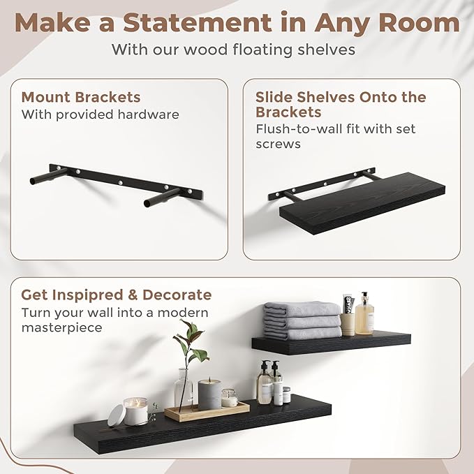 16 Inch Floating Shelves for Wall Set of 2, 8"D Wood Grain Bathroom Shelves with Invisible Brackets, Easy Install Engineered 