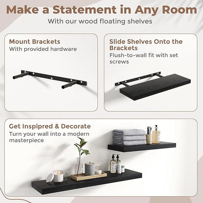 16 Inch Floating Shelves for Wall Set of 2, 8"D Wood Grain Bathroom Shelves with Invisible Brackets, Easy Install Engineered 