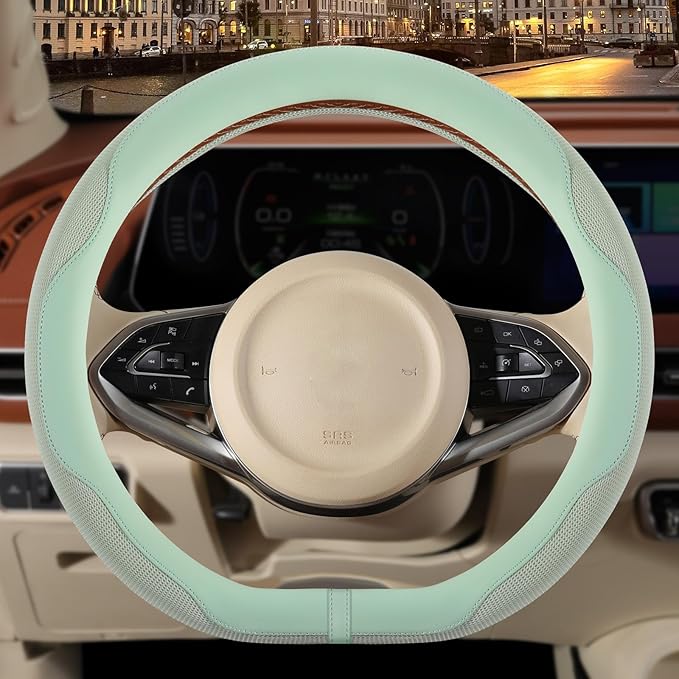 14 inch D Shaped Steering Wheel Cover for Prius Civic, Nappa Microfiber Leather Non-Slip Breathable Fabric, Warm in Winter an