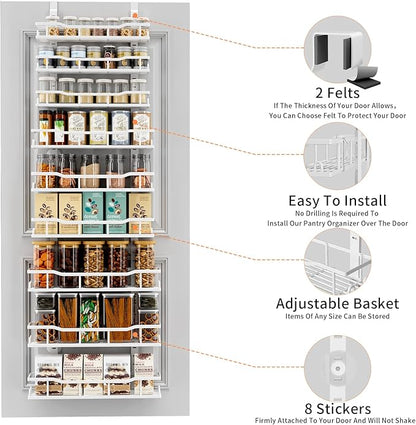 Over The Door Pantry Organizer, 9-Tier Over The Door Organizer with Adjustable Baskets, Metal Hanging Spice Rack for Pantry O