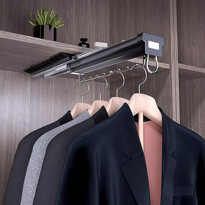 Heavy Duty Pull Out Clothes Rail - Extendable Steel Closet Rod Hanger Rack with Buffer System, Adjustable Storage Solution fo