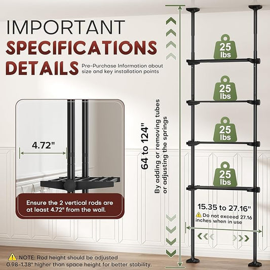 Goovilla Over The Toilet Storage Shelf, 4 Tier Bathroom Organizer Shelves with 64-124inch(H) 15-27inch(W) Adjustable No Drill
