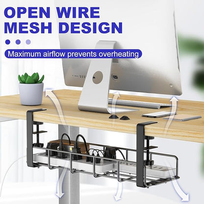 Under Desk Cable Management Tray, 31.5'' No Drill Heavy Duty Steel Cable Tray Organizers, Wire Management Tray Cable Rack with Clamp Mount, Adjustable Metal Under Desk Tray (Black, 2 Pack)