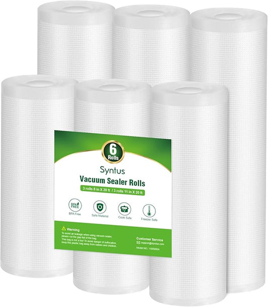 Syntus Vacuum Sealer Bags, 6 Pack 3 Rolls 11" x 20' and 3 Rolls 8" x 20' Commercial Grade BPA Free Bag Rolls, Food Vac Bags f
