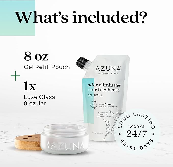 Azuna Air Freshener & Odor Eliminator for Strong Odor | 1 Room Kit Includes (1) Empty Luxe Glass Jar & 8oz Refill with Tea Tr