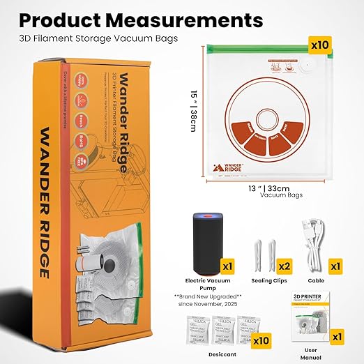3D Printer Filament Storage Bags Vacuum Storage Bags Kit 3D Printer Accessories with Storage Bags (13x15 inches), Desiccants,