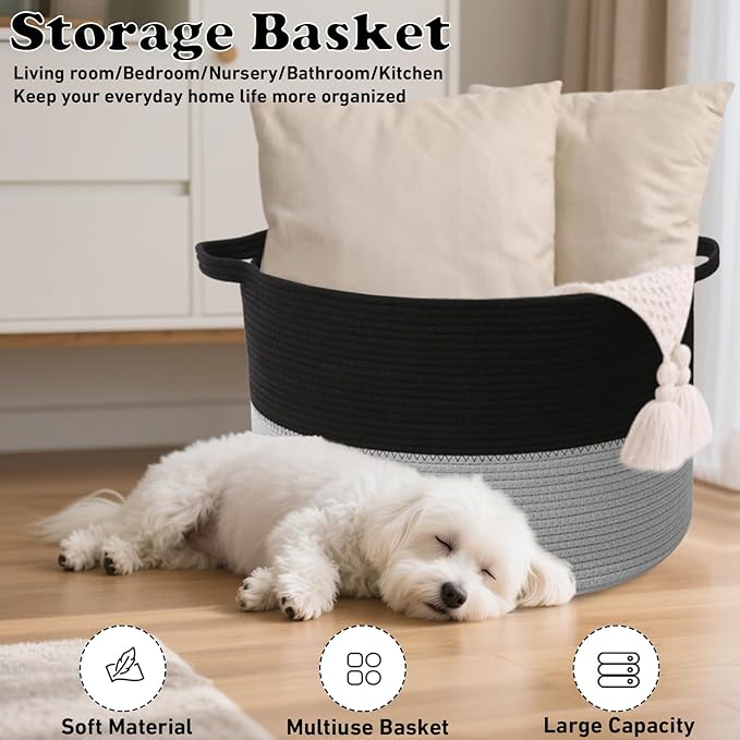 65L Large Blanket Basket, 19.7" L x 19.7" W x 13" H Rope Woven Storage Basket,Laundry Hamper for Toys, Clothes, Pillows,Towel