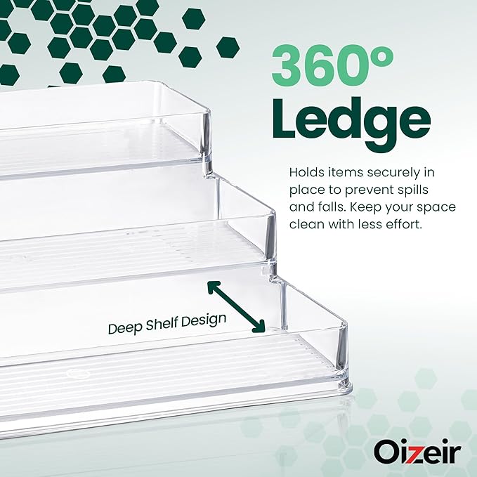 Oizeir Clear Spice Rack (2-Pack) – 3-Tier Acrylic Organizer for Cabinet – Deep Spice Shelf – 10.4 x 9.6 x 4 Inches – Holds Se