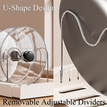 Pots and Pans Organizer Under Cabinet Expandable Pot Lid Holder with 10 Adjustable Dividers Pot Rack for Kitchen Storage Cutting Boards, Bakeware, Lid, White 2PCS