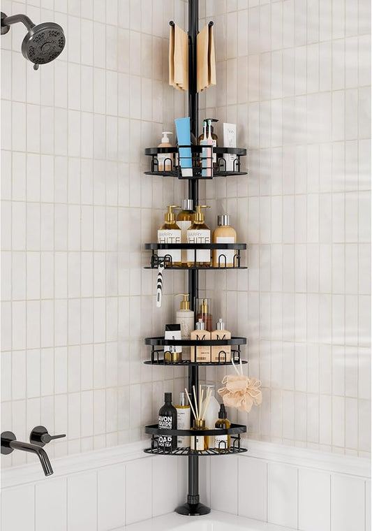 Rustproof Corner Shower Caddy Tension Pole, 4 Large Baskets for Bathtub Shampoo Storage Organizer Bathroom Height Adjustable 