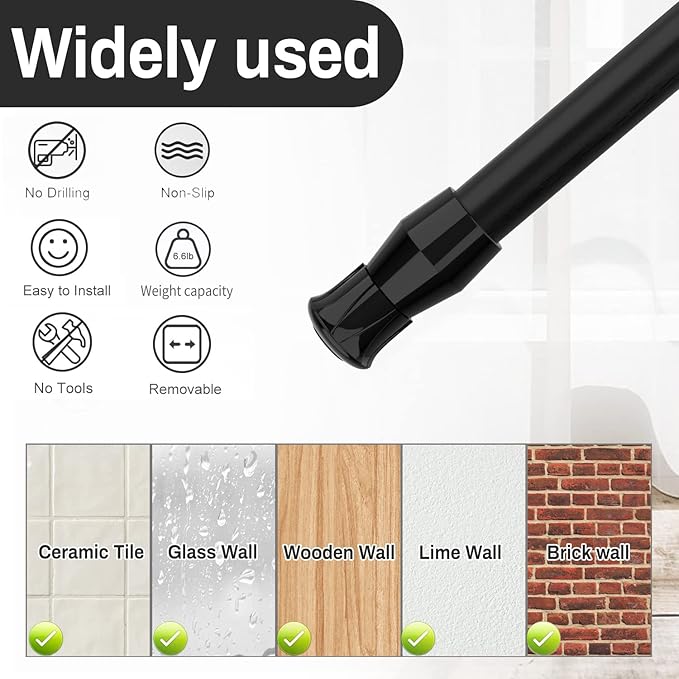 2Pcs Spring Tension Curtain Rod，28-48 Inches Adjustable Expandable Pressure Black Curtain Tension Rods For Kitchen, Bathroom,