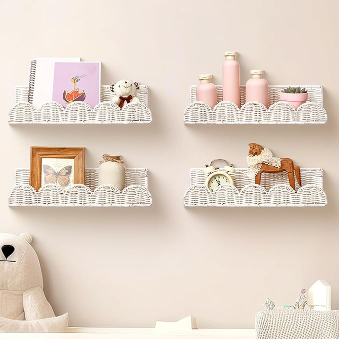 Pinkunn 4 Pcs Nursery Book Shelves 15.8 Inch Rattan Scalloped Floating Bookshelves Wicker Boho Book Shelf for Wall Mounted De
