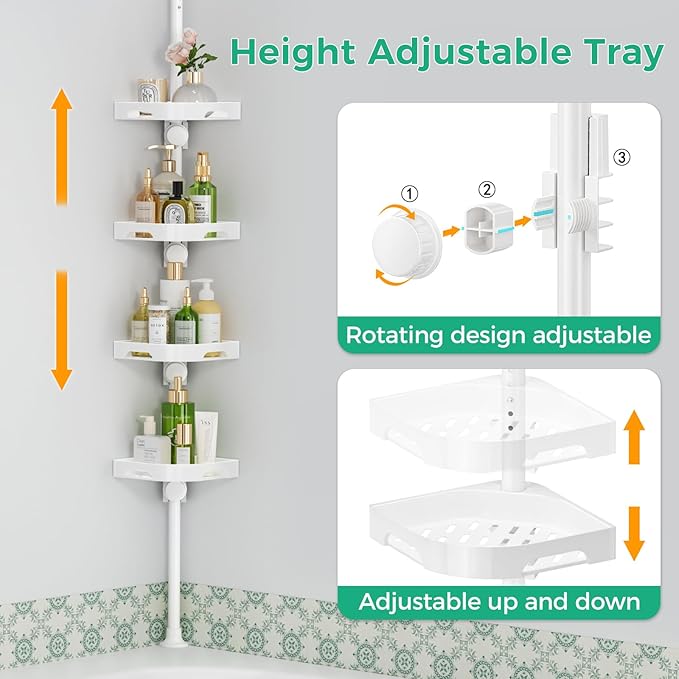 4-Tier Corner Shower Caddy Tension Pole Organizer - Adjustable Rustproof Metal Tension Pole, Plastic Shelves with Safety Guar