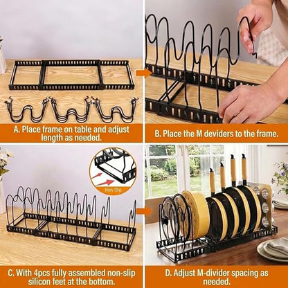 Pot and Pan Organizer Rack for Cabinet, 3 Expandable Pot Lid Organizer Holder with 12 Adjustable Compartment for Kitchen Cutting Board, Pan Lid, Cabinet Cookware Baking