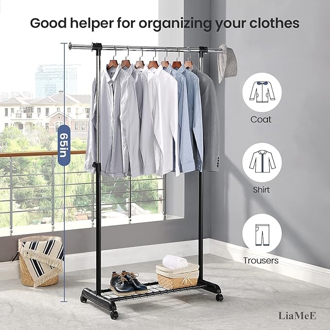 LiaMeE Adjustable Clothing Rack for Hanging Clothes, Heavy Duty Garment Rack with Wheels，Free Standing Rolling Clothes Rack w