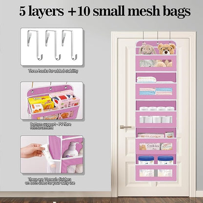 KYEVIS Over The Door Organizer, 5 Shelves Closet Door Hanging Organizer with 10 Mesh Pockets, Nursery Closet Organizer, Baby 
