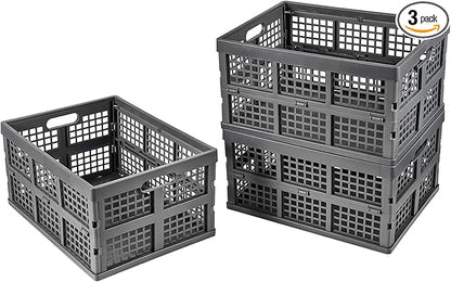 Aebeky 3-Pack Plastic Collapsible Storage Crates-30L,Foldable Plastic Crates for Storage (Gray)