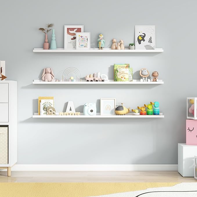 Axeman Picture Ledge Shelf | 55 Inch White Floating Shelves Set of 3 | Rustic Wood Wall Shelves with Lip | 55" White Picture 