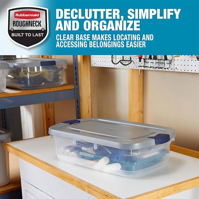 Rubbermaid Roughneck Clear 31 Qt/ 7.75 Gal Storage Containers, Pack of 6 with Snap-Fit Grey Lids, Visible Base, Sturdy and St