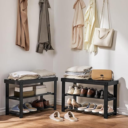 Pipishell Bamboo Shoe Rack Bench, 3 Tier Sturdy Shoe Organizer, Storage Shoe Shelf, Holds up to 300lbs for Entryway Bedroom L