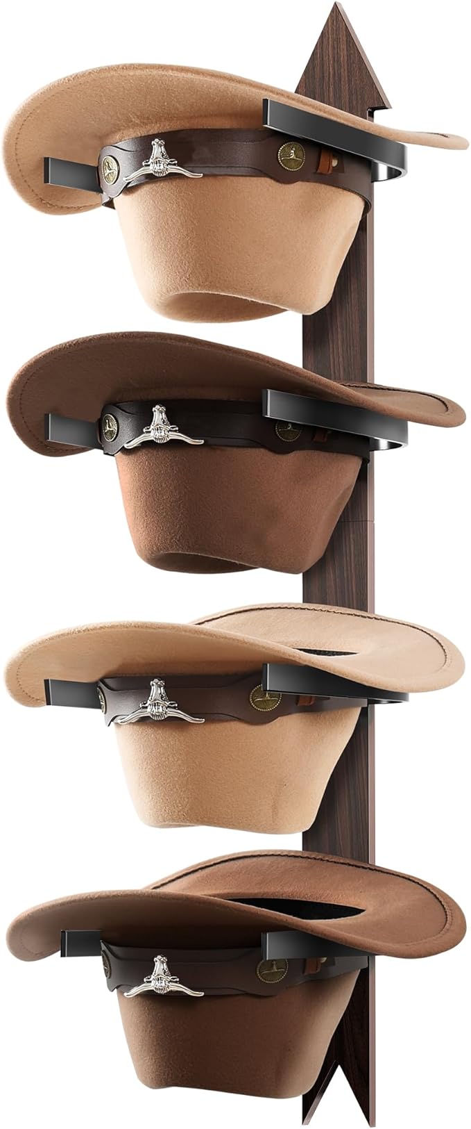 Cinati Cowboy Hat Rack Wall Mount - Wooden Western Rustic Metal Hanger With Arrow Sign Board - Holds up to 4 Hats, Fedora, Su