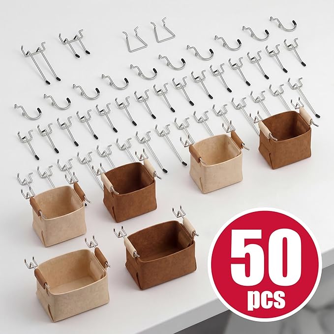Spampur Peg Board, 8 Pack Metal PegBoard Organizer with Accessories, White Pegboard Panels with 50 Pcs Hooks and Baskets, Wal