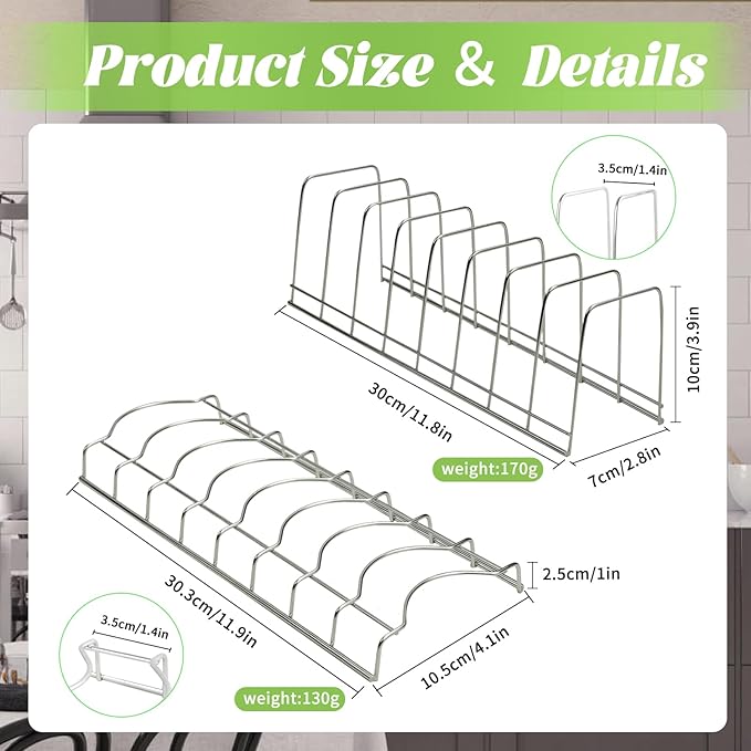 4 Pack Pot Lid Organizer for Cabinet with Plate Drying Rack, Stainless Steel Pot Lid Holder for Kitchen, Small Dish Drainer, Serving Trays Container, Counter Storage Shelf for Pans Pots Cutting Boards