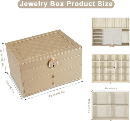 GUOER Jewelry Box for Women Girl Wife 3 Layers Large PU Leather Jewelry Organizer Storage Case with Two drawers Display for E
